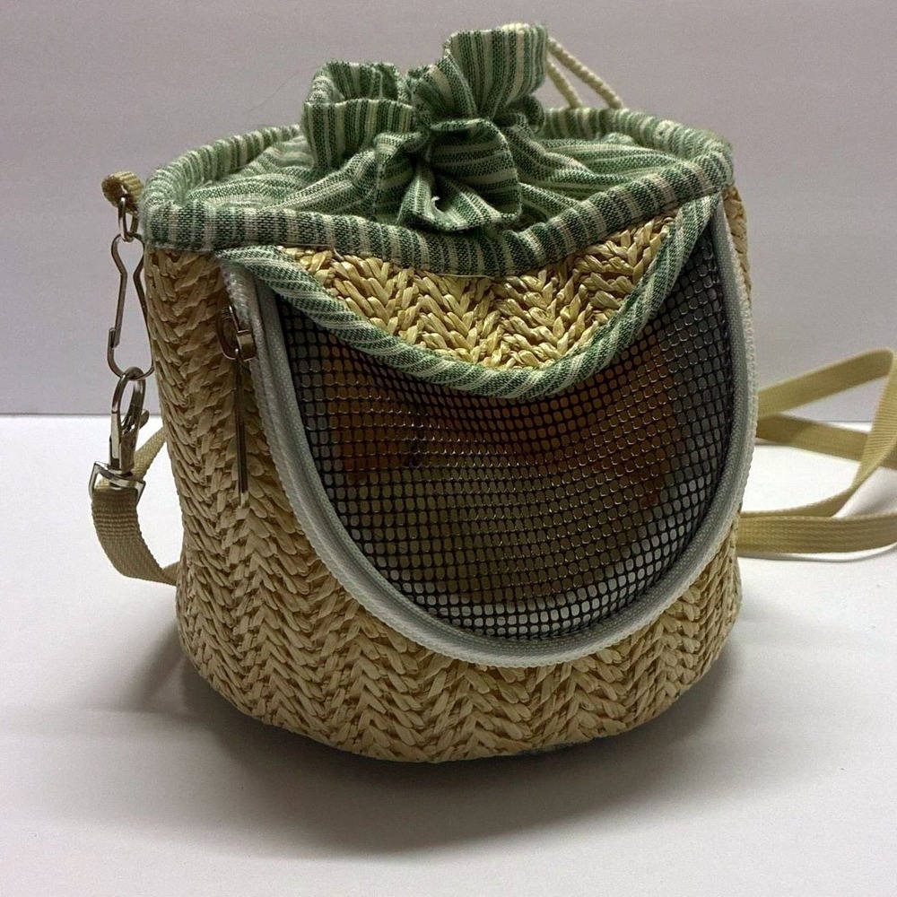 Woven Straw Pet Carrier Small Animal OS Tan Green Mesh Window Travel Bag